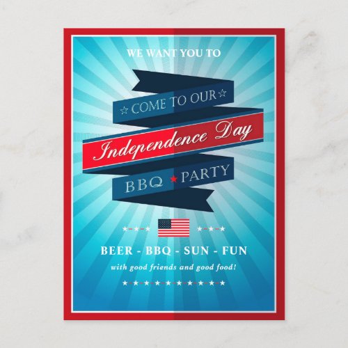 Vintage Red White Blue 4th Of July Invitation Postcard