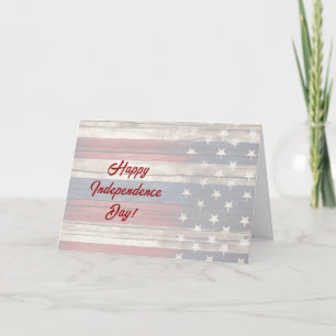 Vintage Red White Blue Patriotic Faux Wood Stars Holiday Card