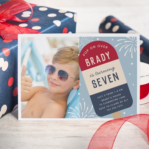 Vintage Red White  Blue Pop Kids Birthday Photo Invitation