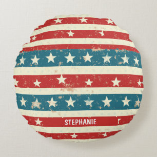 Vintage Red, White & Blue Stripes with Stars Round Pillow