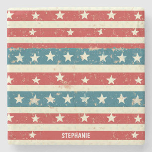 Vintage Red, White & Blue Stripes with Stars Stone Coaster