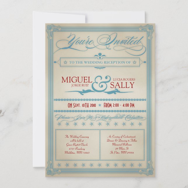 Vintage Red White & Blue Wedding Reception Invite (Front)