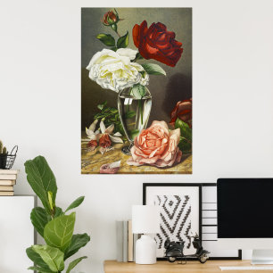 Vintage Red White Pink Roses in Glass Vase Art Poster