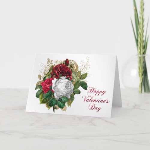 Vintage Red White Rose Bouquet Valentine Holiday Card