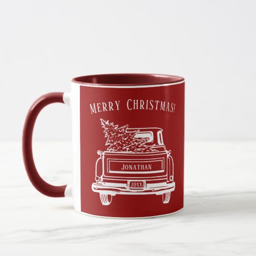 Vintage Red White Truck Merry Christmas Mug