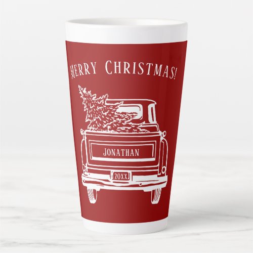 Vintage Red White Truck Merry Christmas Name Latte Mug
