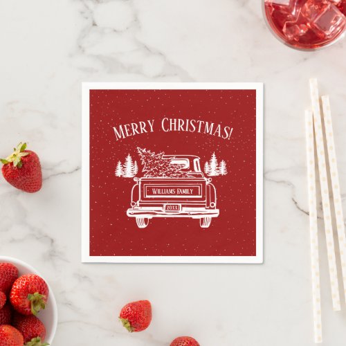 Vintage Red White Truck Merry Christmas Napkins