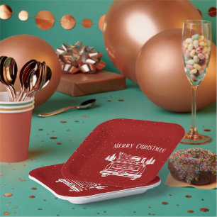 Vintage Red White Truck Merry Christmas Paper Plates