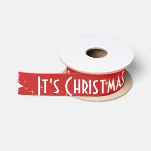 Vintage Red White Typography It's Christmas Time Satin Ribbon