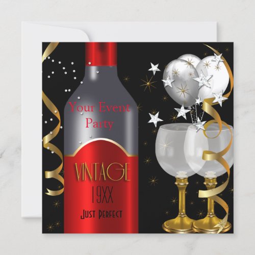 Vintage Red Wine Black Gold Silver 2 Glasses Invitation