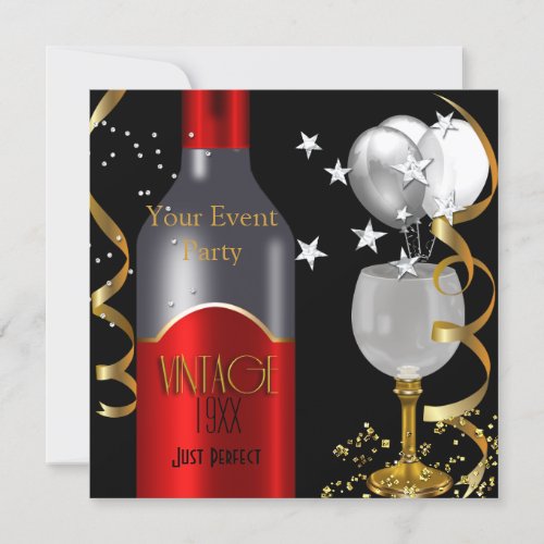 Vintage Red Wine Black Gold Silver Invitation