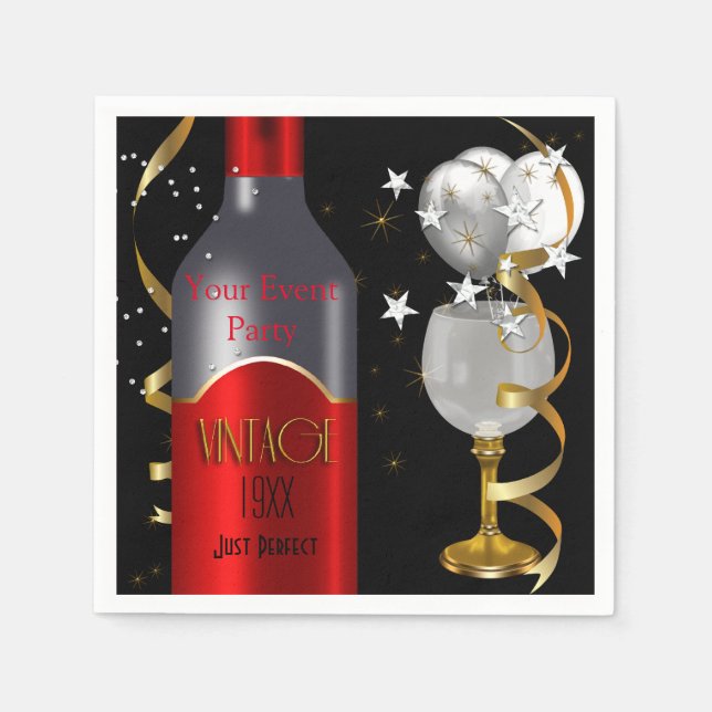 Vintage Red Wine Black Gold Silver Napkins (Front)