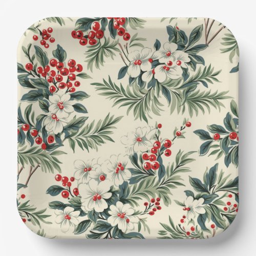 Vintage Red Winterberry Christmas  Paper Plates