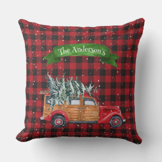 Vintage Red Wooden Panel Truck with Christmas Tree Throw Pillow