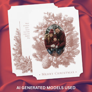 Vintage Red Wreath Botanical Christmas Photo Holiday Card