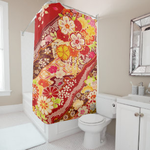 Vintage Red Yellow Japanese Kimono Floral Flower Shower Curtain