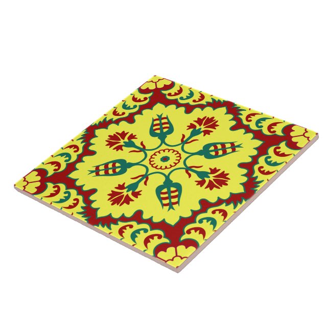 Vintage Red Yellow Ottoman Turkish Tulip Pattern Ceramic Tile (Side)