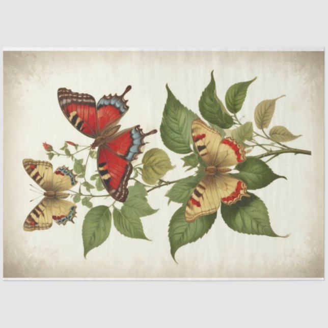 Vintage Red Yellow Primitive Butterflies Decoupage Tissue Paper (Front)