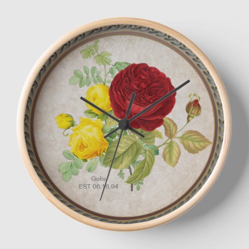 Vintage Red Yellow Rose Floral Wall Clock