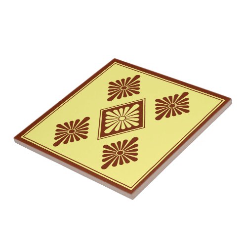 Vintage Red Yellow Rosette Japan Oriental Art Ceramic Tile