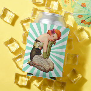 Vintage Redhead Pin-up girl with rose Can Cooler