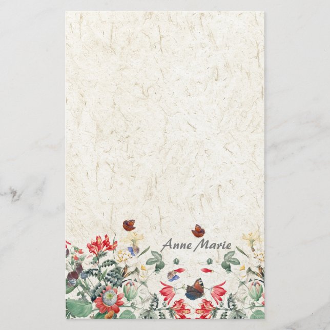 Vintage Redoute Garden Flower Butterfly Stationery (Front)