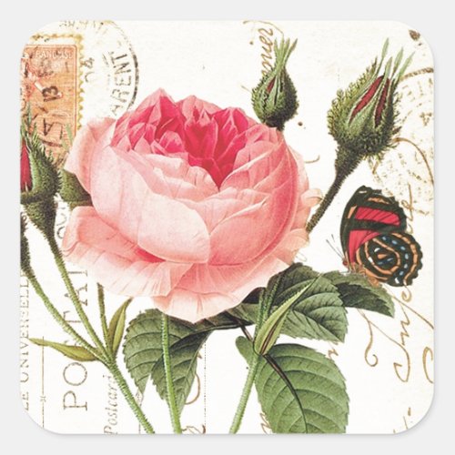 Vintage Redoute Rose Square Sticker