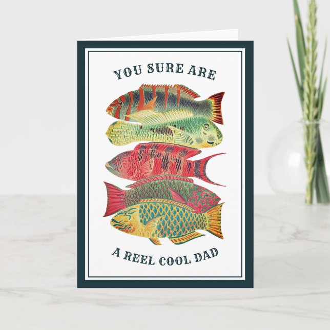 Vintage Reel Cool Dad Fish Father's Day | White Holiday Card (Front)