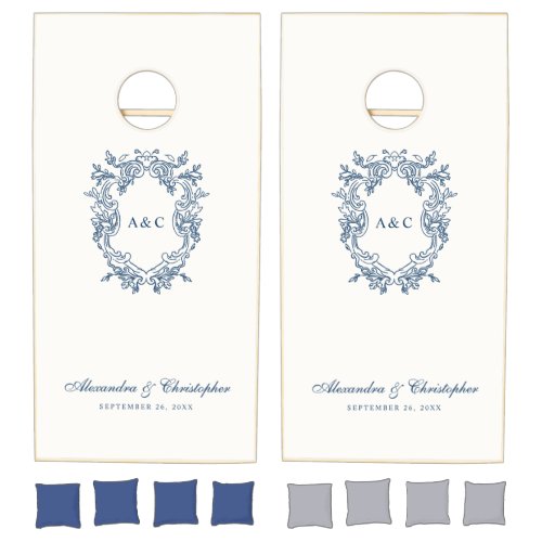 Vintage Regency Crest Monogram & Names Wedding Cornhole Set