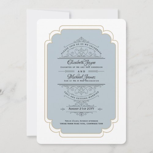 Vintage Regency Dusty Blue Gold Wedding Invitation