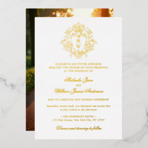 Vintage Regency Monogram Crest Photo Wedding Foil Invitation