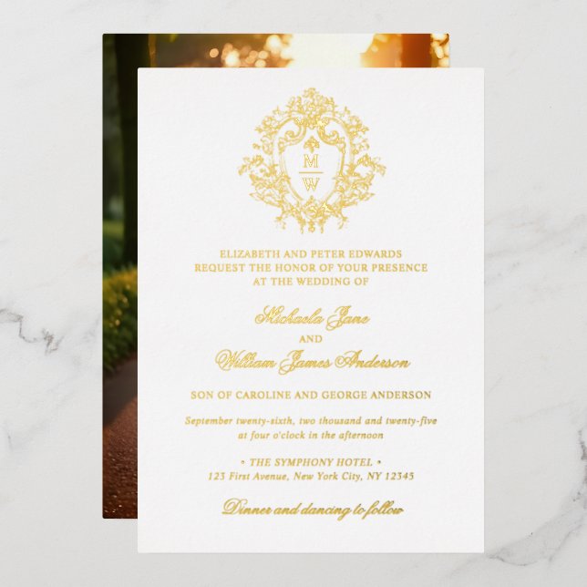 Vintage Regency Monogram Crest Photo Wedding Foil Invitation (Front/Back)