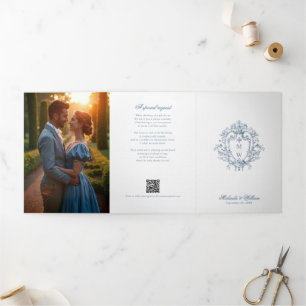 Vintage Regency Monogram Crest Photo Wedding Tri-Fold Invitation