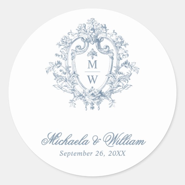Vintage Regency Monogram Crest Wedding Classic Round Sticker (Front)