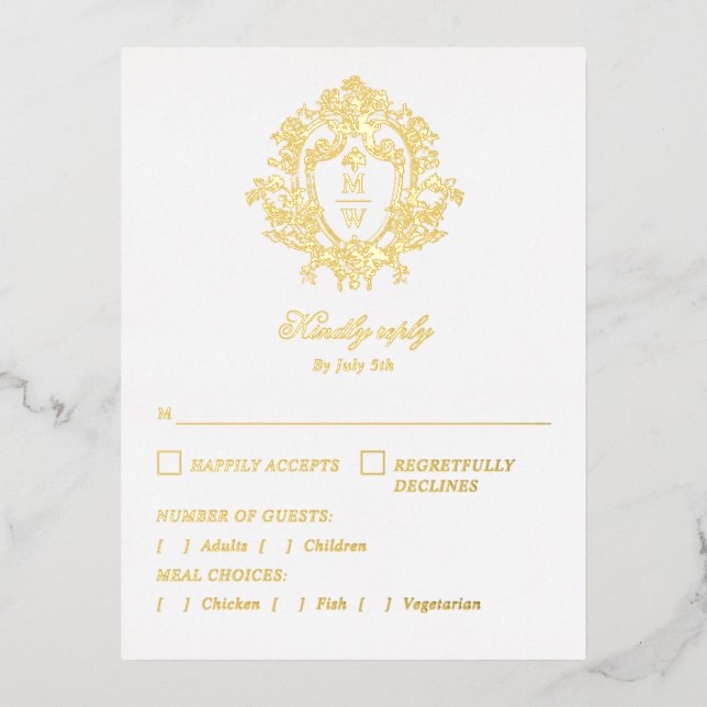 Vintage Regency Monogram Crest Wedding RSVP Card (Front)