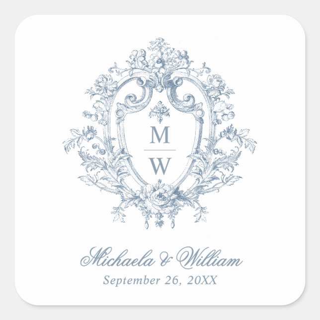 Vintage Regency Monogram Crest Wedding Square Sticker (Front)