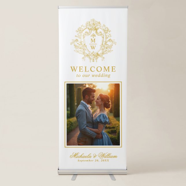 Vintage Regency Monogram Crest Wedding Welcome Retractable Banner (Front)