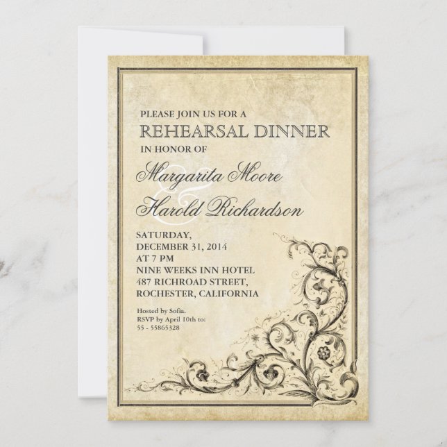 Vintage rehearsal dinner invite flourish swirls (Front)