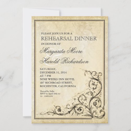 Vintage rehearsal dinner invite flourish swirls