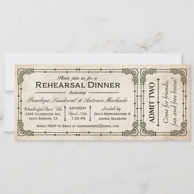 Vintage Rehearsal Dinner Ticket Invitations I (Front)