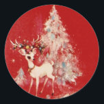 Vintage Reindeer And Christmas Tree Classic Round Sticker<br><div class="desc">Vintage Reindeer and Christmas Tree</div>