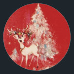 Vintage Reindeer And Christmas Tree Classic Round Sticker<br><div class="desc">Vintage Reindeer and Christmas Tree</div>
