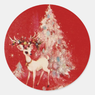 Vintage Reindeer And Christmas Tree Classic Round Sticker