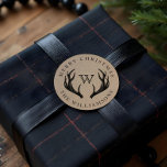 Vintage Reindeer Antlers Family Monogram Christmas Classic Round Sticker<br><div class="desc">Cozy & Warm Vintage Wilderness Reindeer Antler Christmas featuring our rustic vintage style hand-drawn black etched ink wilderness reindeer antlers. Faux natural brown cardboard textured background adds a natural style. Personalized with monogram initial, name, and greeting. All artwork contained in this Cozy & Warm Vintage Wilderness Reindeer Christmas sticker are...</div>