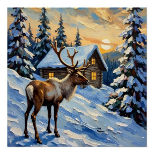Vintage Reindeer by Snowy Cabin Christmas Painting Poster