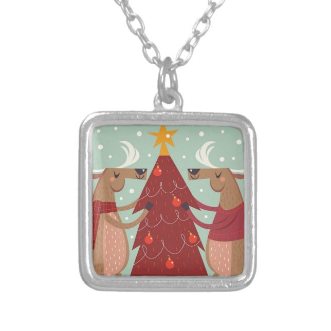 Vintage reindeer Christmas Silver Plated Necklace (Front)
