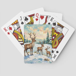 Vintage Reindeer Family Winter Meadow Painting Poker Cards