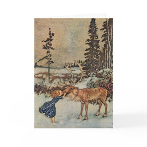 Vintage Reindeer Girl Winter Snow Scene Poster Holiday Card