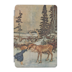 Vintage Reindeer Girl Winter Snow Scene Poster iPad Mini Cover