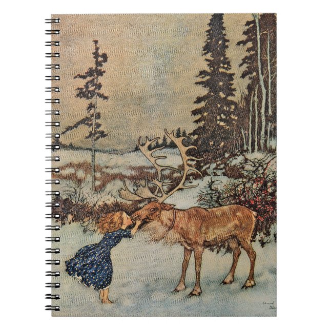 Vintage Reindeer Girl Winter Snow Scene Poster Notebook (Front)